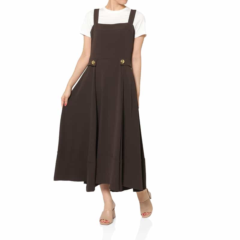 BARNEYS NEW YORK ゴールドボタンデザイン ショルダーロングドレス BROWN