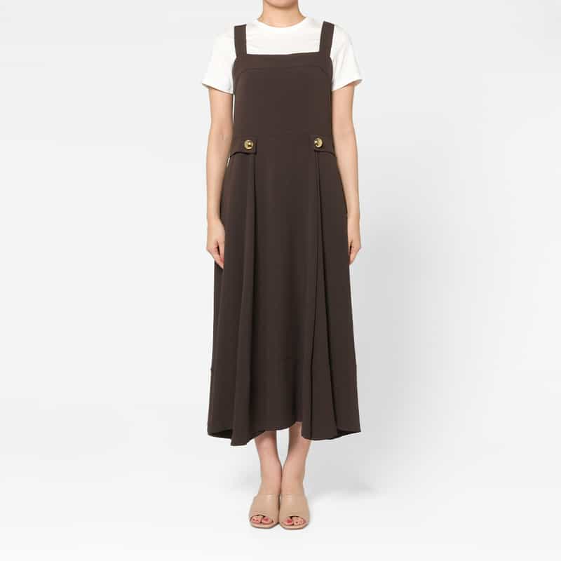 BARNEYS NEW YORK ゴールドボタンデザイン ショルダーロングドレス BROWN