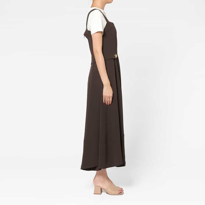 BARNEYS NEW YORK ゴールドボタンデザイン ショルダーロングドレス BROWN