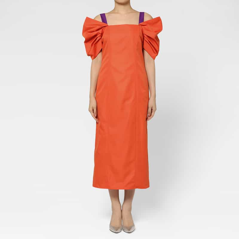 BARNEYS NEW YORK バイカラー タフタ素材オフショルダードレス ORANGE