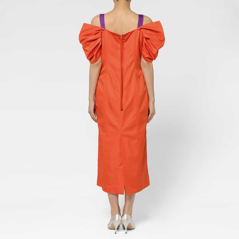 BARNEYS NEW YORK バイカラー タフタ素材オフショルダードレス ORANGE