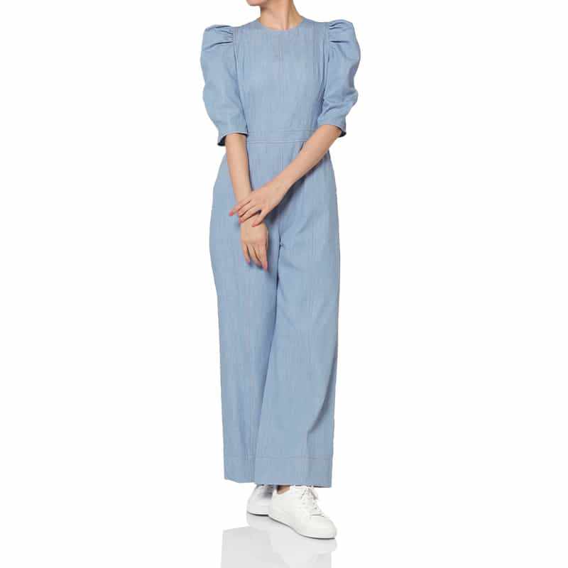 BARNEYS NEW YORK ウォッシャブル デニム素材 パフスリーブオールインワン LIGHT BLUE