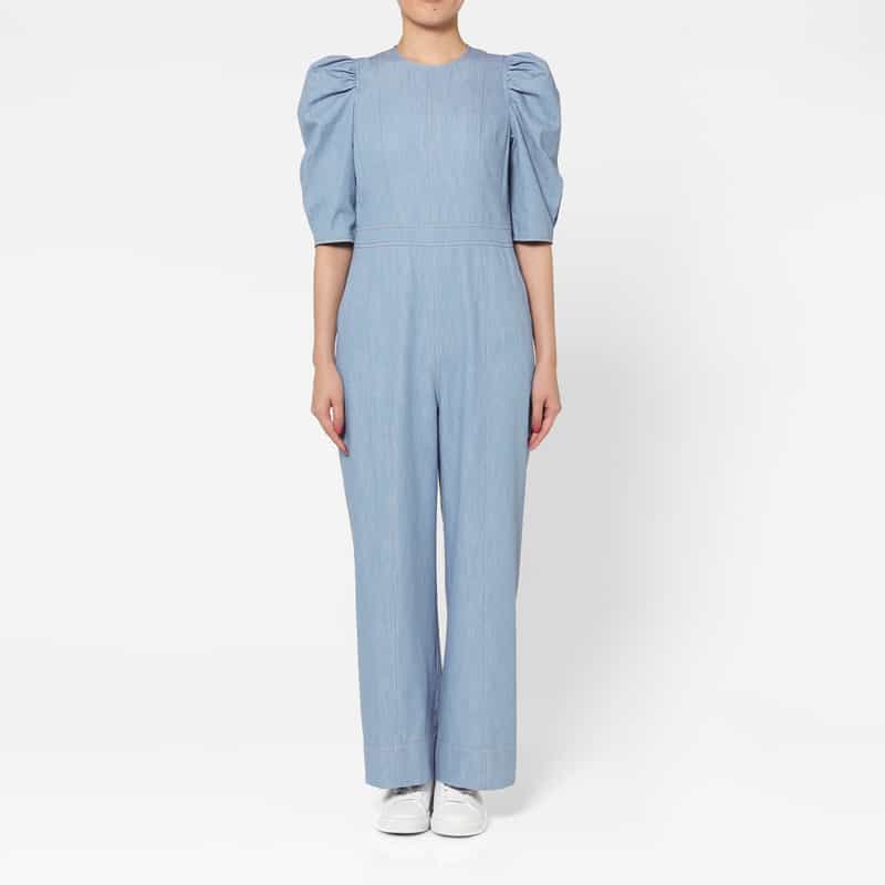 BARNEYS NEW YORK ウォッシャブル デニム素材 パフスリーブオールインワン LIGHT BLUE