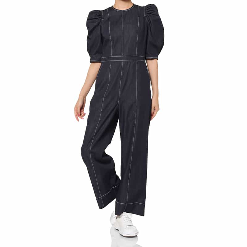 BARNEYS NEW YORK ウォッシャブル デニム素材 パフスリーブオールインワン INDIGO