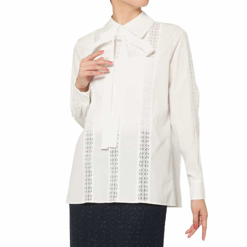 BARNEYS NEW YORK ウォッシャブル レース切替デザインボウタイブラウス WHITE