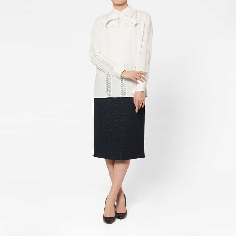 BARNEYS NEW YORK ウォッシャブル レース切替デザインボウタイブラウス WHITE