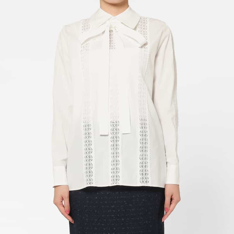 BARNEYS NEW YORK ウォッシャブル レース切替デザインボウタイブラウス WHITE