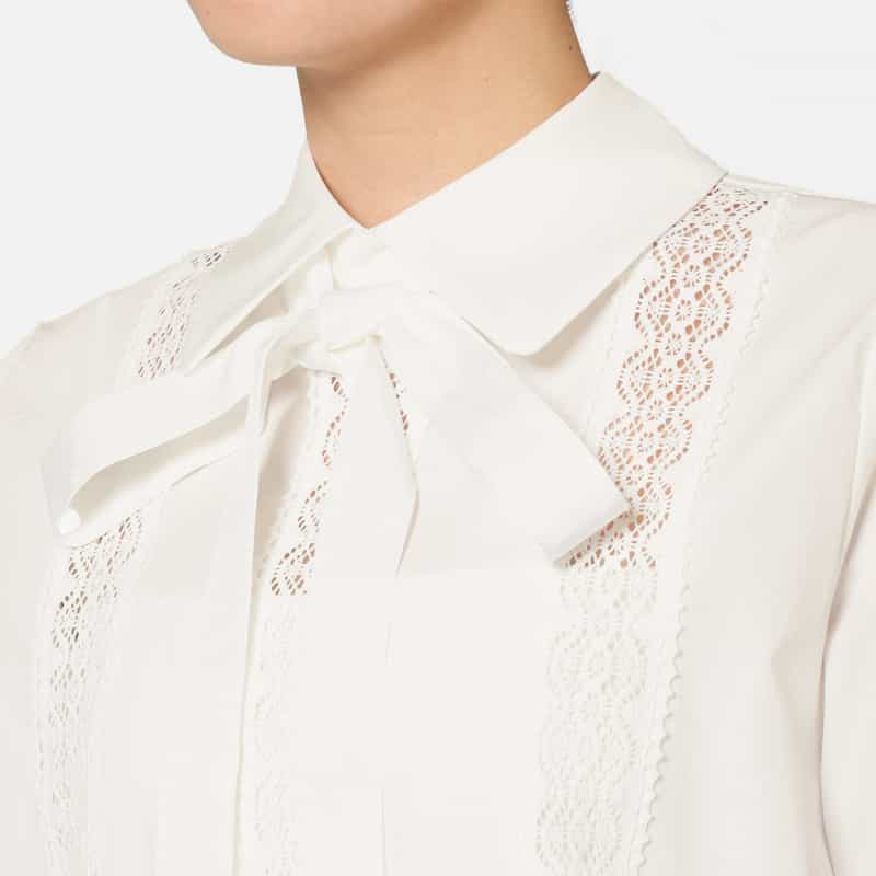 BARNEYS NEW YORK ウォッシャブル レース切替デザインボウタイブラウス WHITE