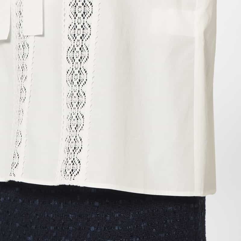 BARNEYS NEW YORK ウォッシャブル レース切替デザインボウタイブラウス WHITE