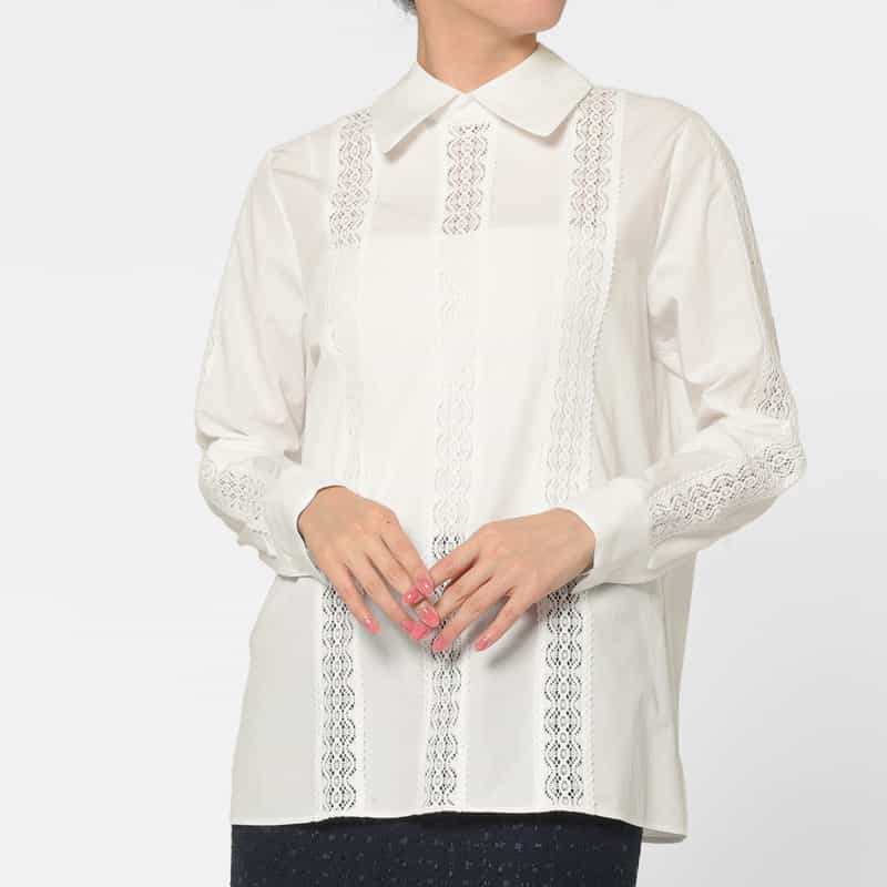BARNEYS NEW YORK ウォッシャブル レース切替デザインボウタイブラウス WHITE