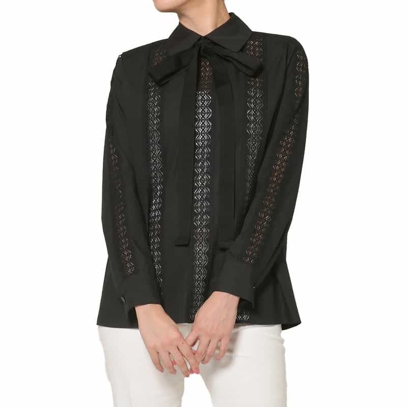 BARNEYS NEW YORK ウォッシャブル レース切替デザインボウタイブラウス BLACK