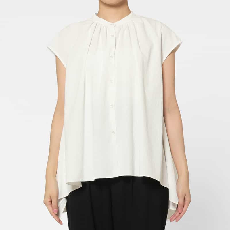 BARNEYS NEW YORK ウォッシャブル フレンチスリーブ タックシャツ WHITE