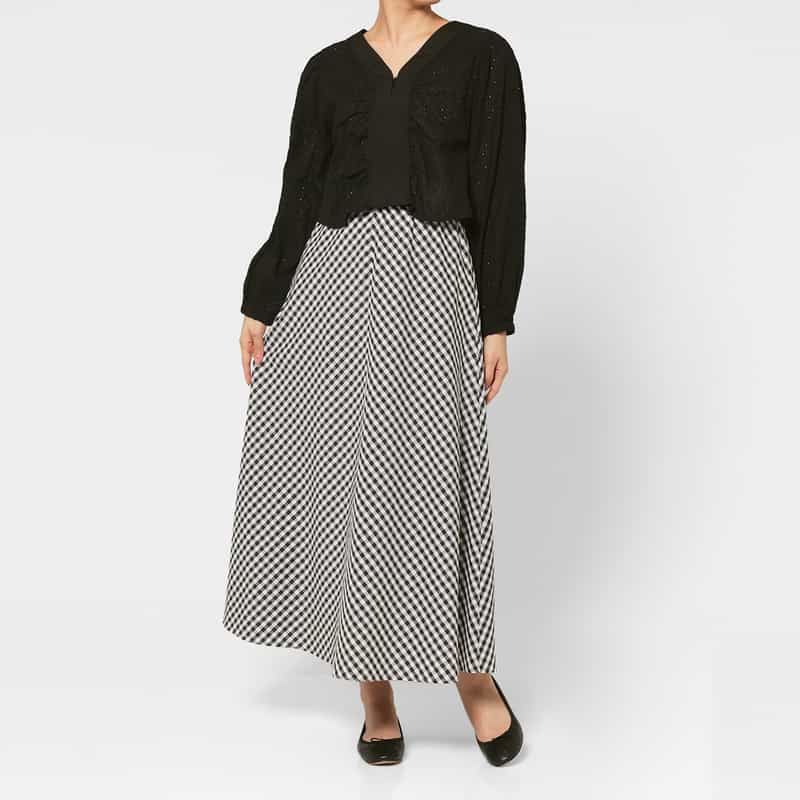 BARNEYS NEW YORK ウォッシャブル ギンガムチェック柄ロングスカート WHITE