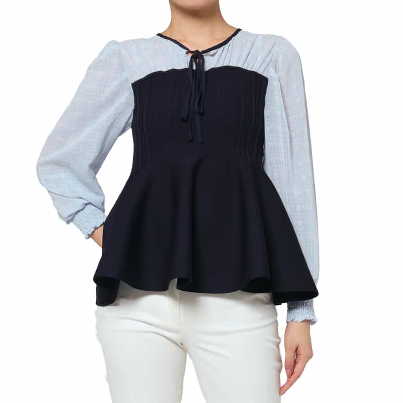 BARNEYS NEW YORK ウォッシャブル 異素材コンビネーション フレアヘムプルオーバー NAVY