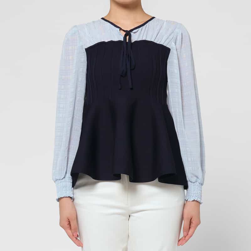 BARNEYS NEW YORK ウォッシャブル 異素材コンビネーション フレアヘムプルオーバー NAVY