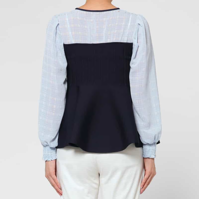 BARNEYS NEW YORK ウォッシャブル 異素材コンビネーション フレアヘムプルオーバー NAVY