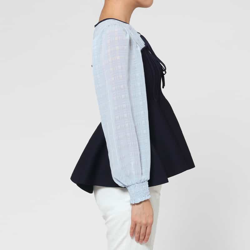 BARNEYS NEW YORK ウォッシャブル 異素材コンビネーション フレアヘムプルオーバー NAVY