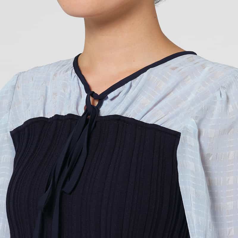 BARNEYS NEW YORK ウォッシャブル 異素材コンビネーション フレアヘムプルオーバー NAVY