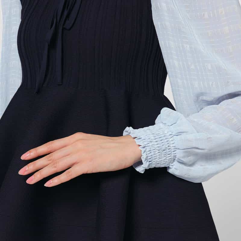 BARNEYS NEW YORK ウォッシャブル 異素材コンビネーション フレアヘムプルオーバー NAVY