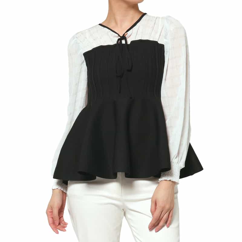 BARNEYS NEW YORK ウォッシャブル 異素材コンビネーション フレアヘムプルオーバー BLACK