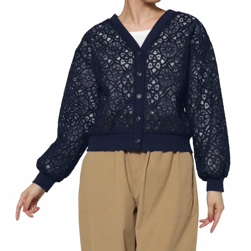 BARNEYS NEW YORK ウォッシャブル コード刺繍2WAYカーディガン NAVY