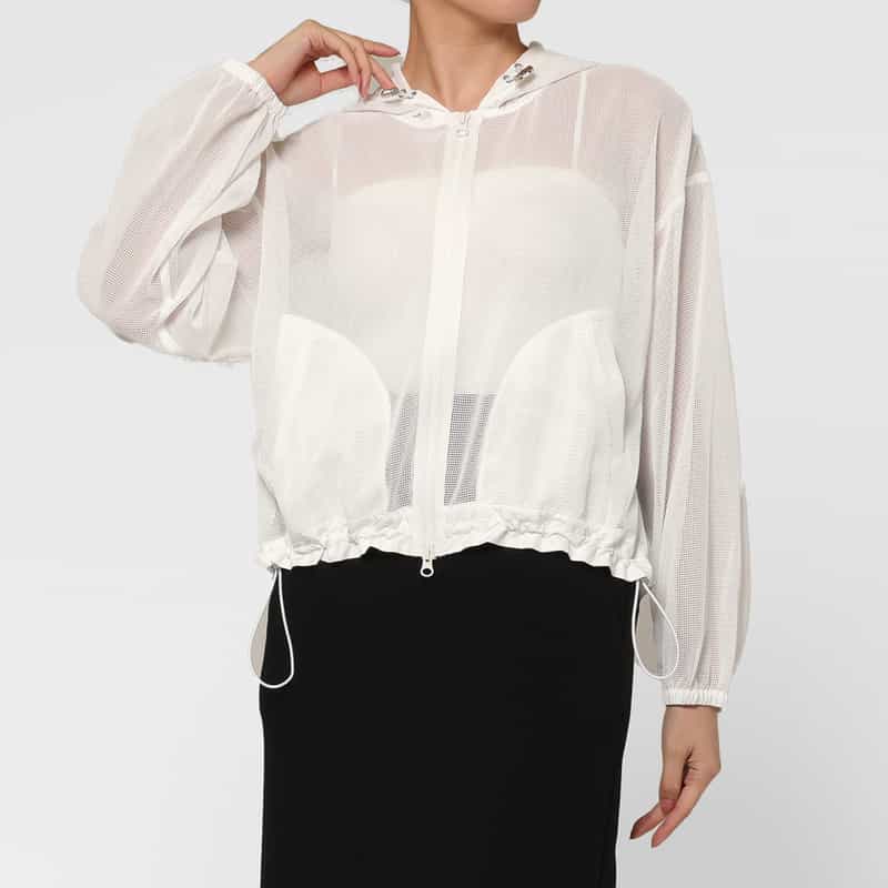BARNEYS NEW YORK ウォッシャブル メッシュ素材ジップアップパーカー WHITE