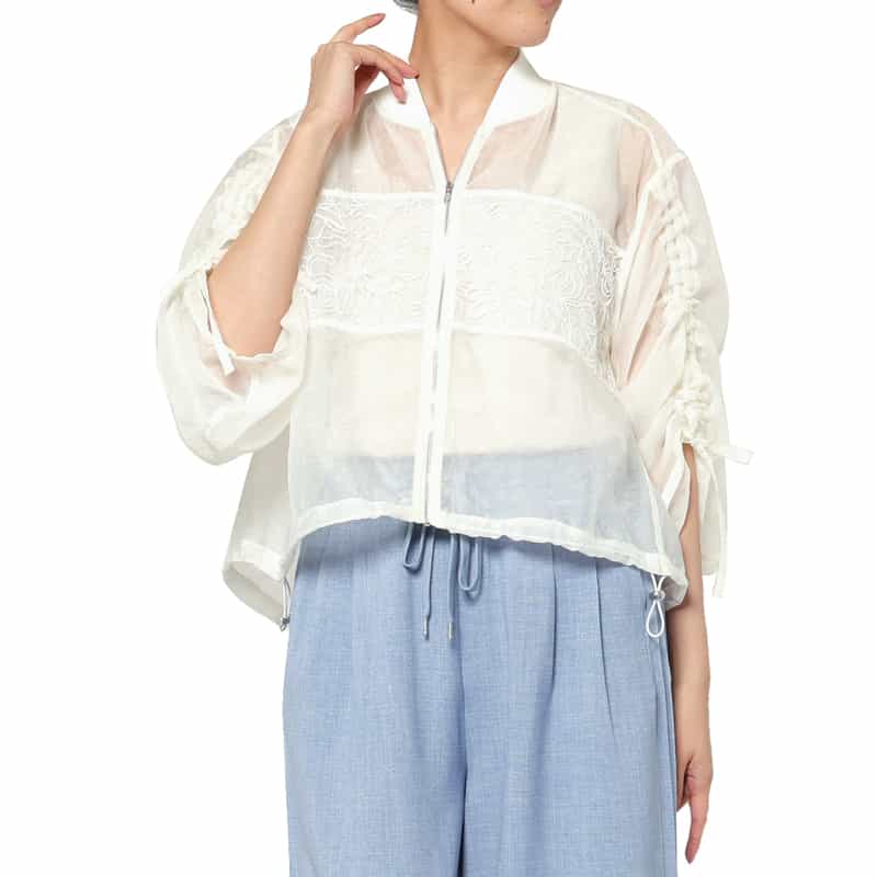 BARNEYS NEW YORK ウォッシャブル レースドッキング シアー素材ショートブルゾン WHITE