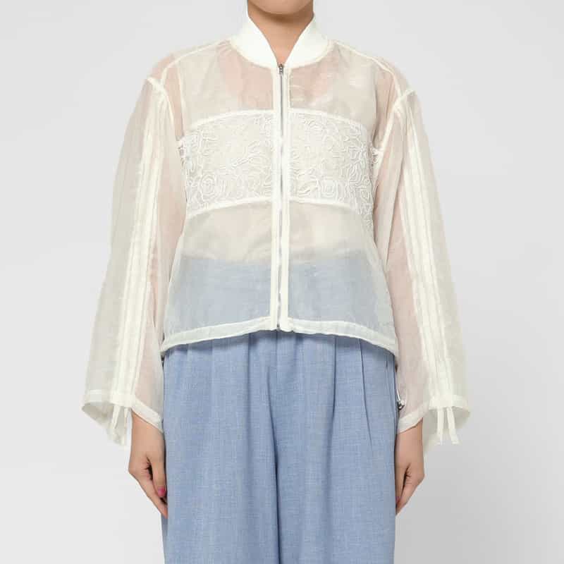 BARNEYS NEW YORK ウォッシャブル レースドッキング シアー素材ショートブルゾン WHITE