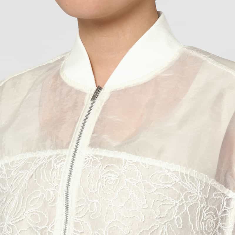 BARNEYS NEW YORK ウォッシャブル レースドッキング シアー素材ショートブルゾン WHITE