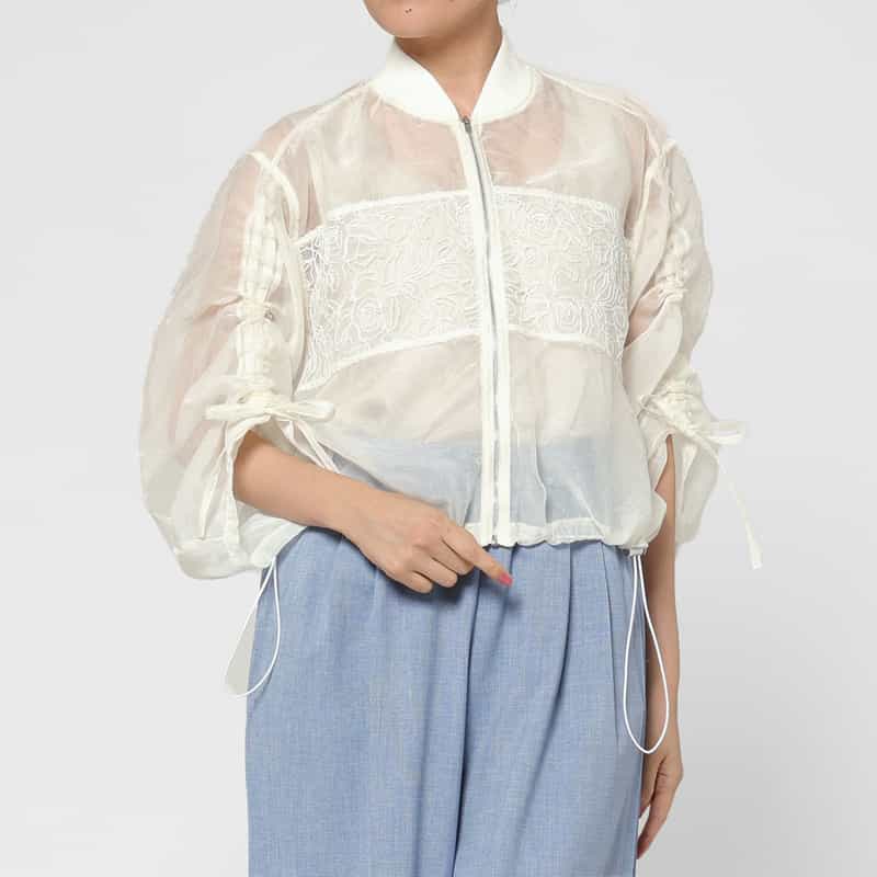 BARNEYS NEW YORK ウォッシャブル レースドッキング シアー素材ショートブルゾン WHITE