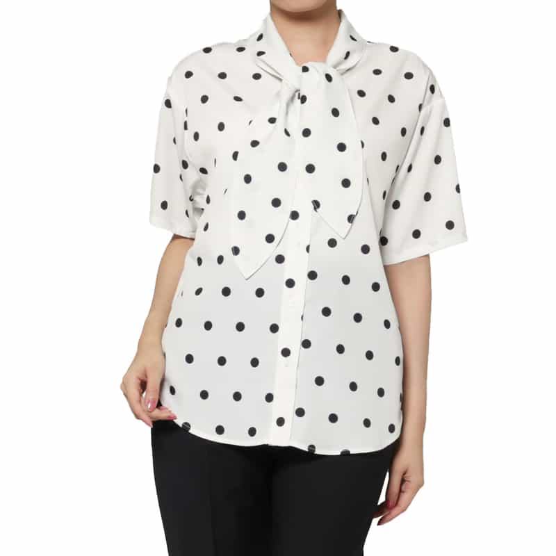 BARNEYS NEW YORK ウォッシャブル ドット柄ボウタイブラウス OFF WHITE