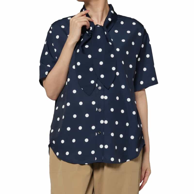 BARNEYS NEW YORK ウォッシャブル ドット柄ボウタイブラウス NAVY