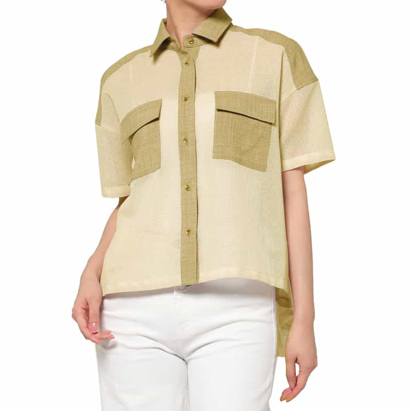 BARNEYS NEW YORK ウォッシャブル 異素材コンビネーション サファリシャツ BEIGE