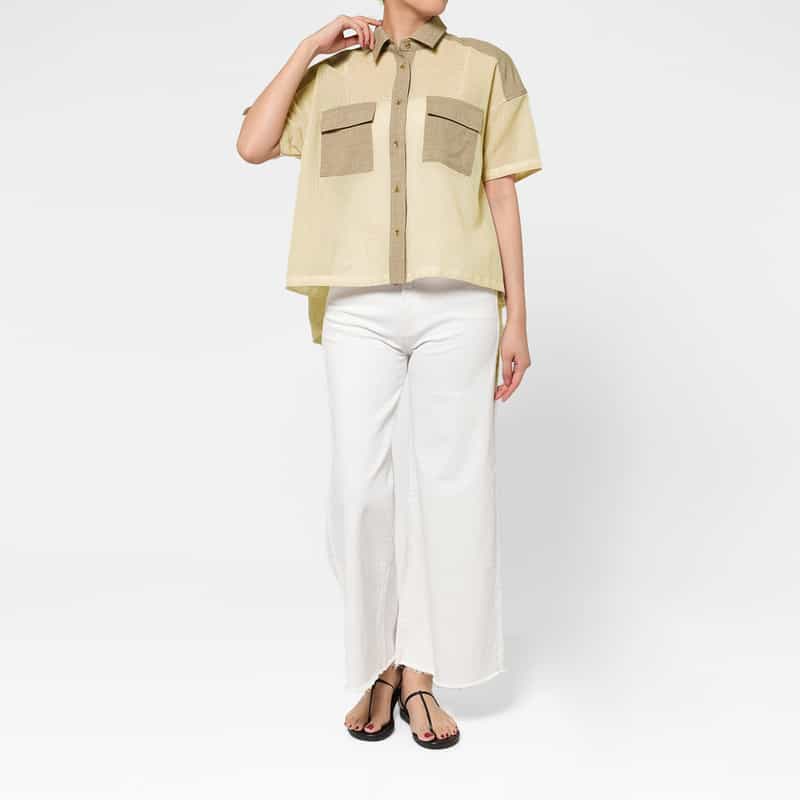 BARNEYS NEW YORK ウォッシャブル 異素材コンビネーション サファリシャツ BEIGE