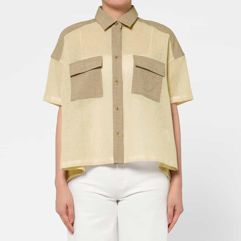 BARNEYS NEW YORK ウォッシャブル 異素材コンビネーション サファリシャツ BEIGE