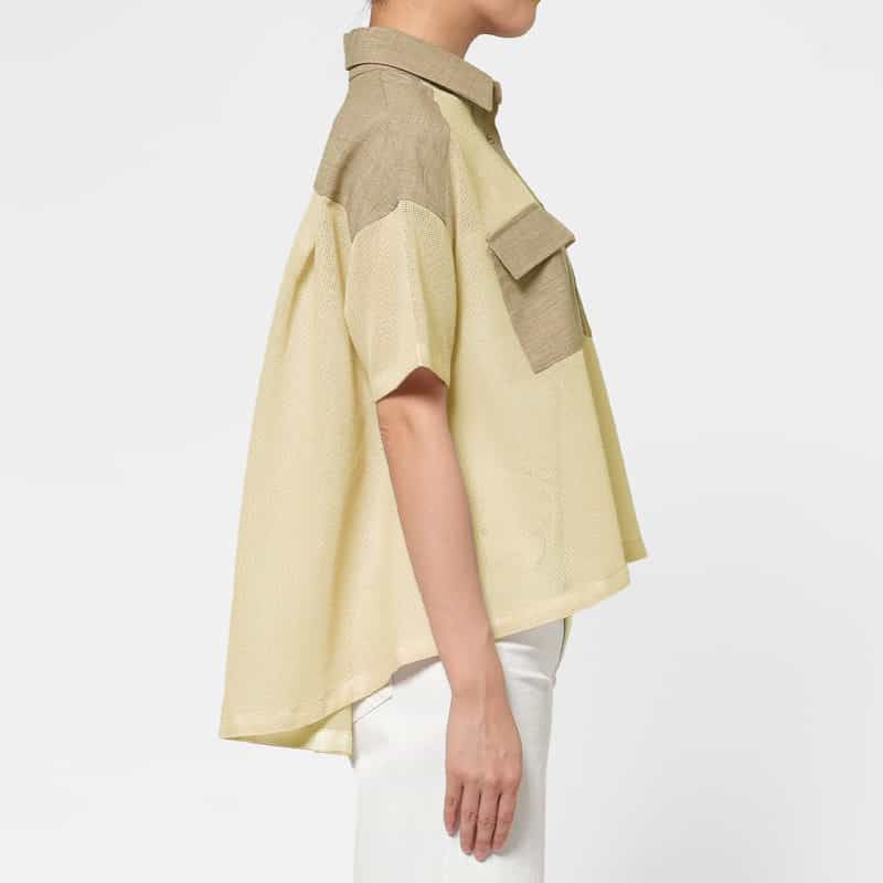 BARNEYS NEW YORK ウォッシャブル 異素材コンビネーション サファリシャツ BEIGE