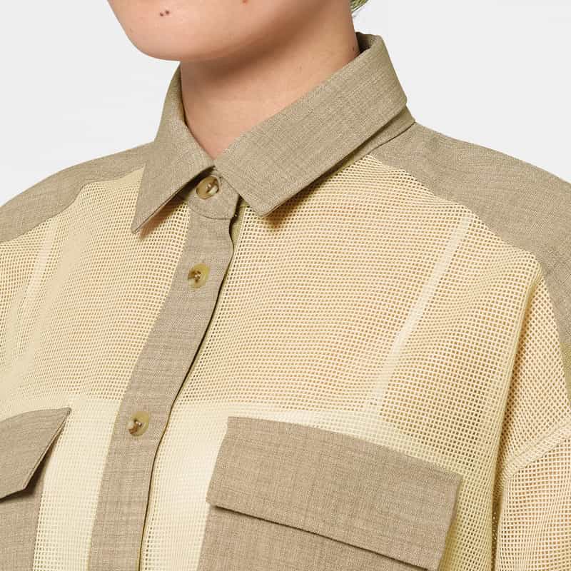 BARNEYS NEW YORK ウォッシャブル 異素材コンビネーション サファリシャツ BEIGE