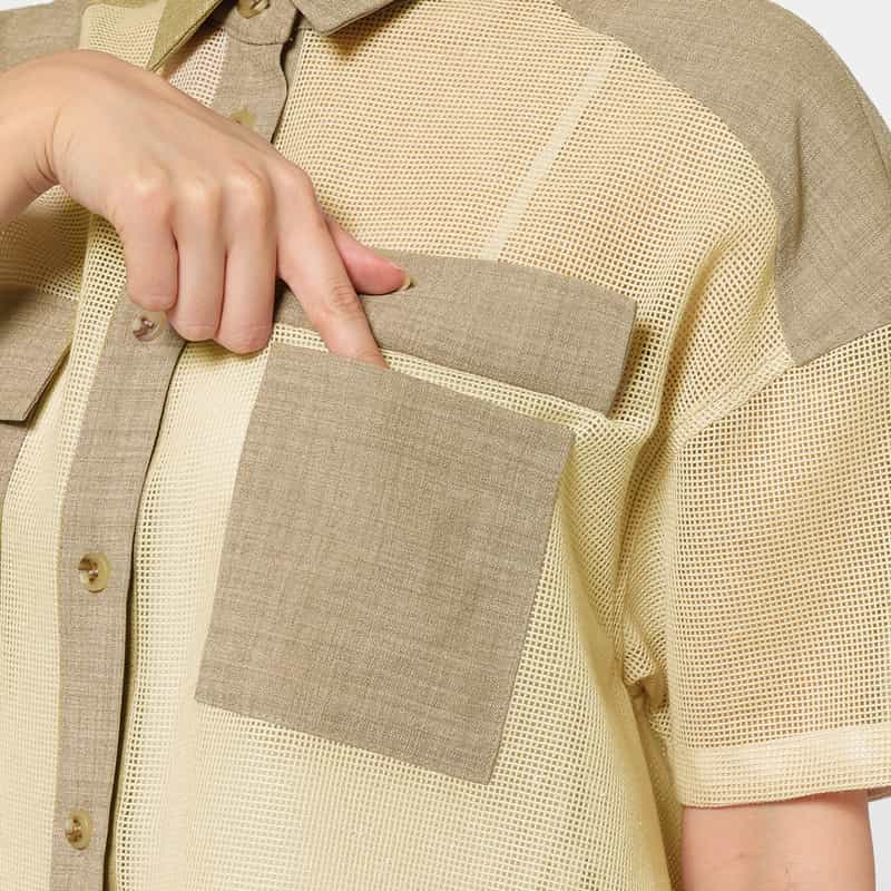 BARNEYS NEW YORK ウォッシャブル 異素材コンビネーション サファリシャツ BEIGE