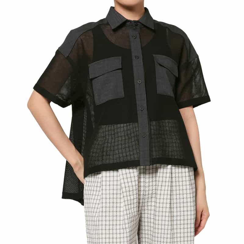 BARNEYS NEW YORK ウォッシャブル 異素材コンビネーション サファリシャツ BLACK