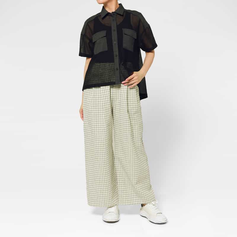 BARNEYS NEW YORK ウォッシャブル シアサッカー素材チェック柄ドローストリングワイドパンツ OFF WHITE