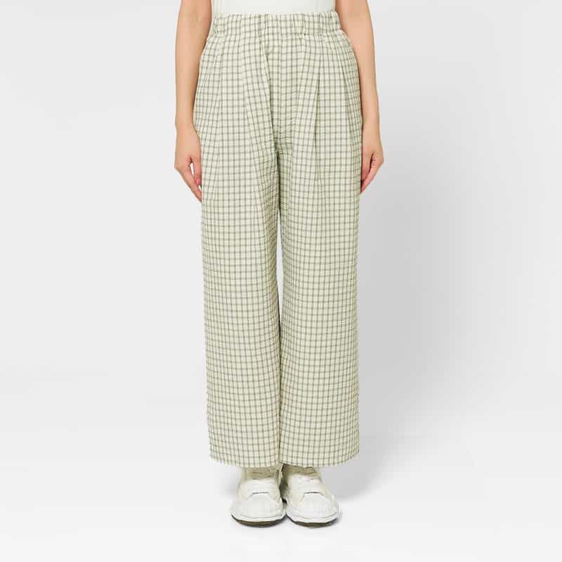 BARNEYS NEW YORK ウォッシャブル シアサッカー素材チェック柄ドローストリングワイドパンツ OFF WHITE