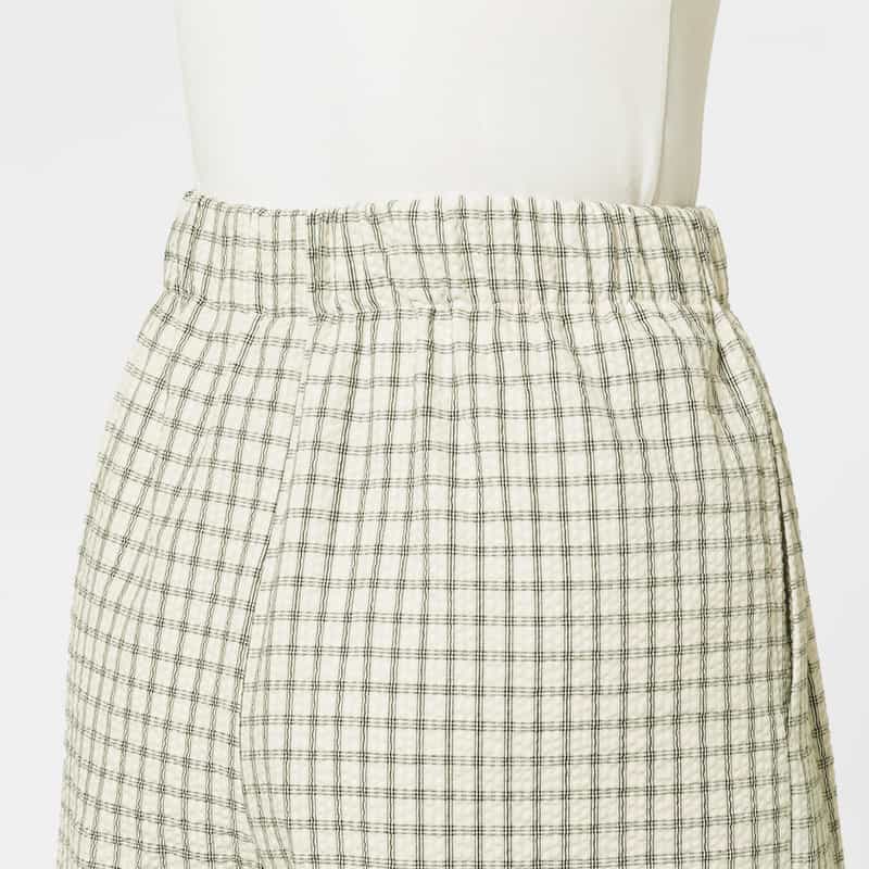 BARNEYS NEW YORK ウォッシャブル シアサッカー素材チェック柄ドローストリングワイドパンツ OFF WHITE