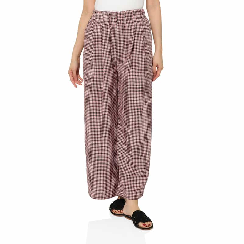 BARNEYS NEW YORK ウォッシャブル シアサッカー素材チェック柄ドローストリングワイドパンツ PINK