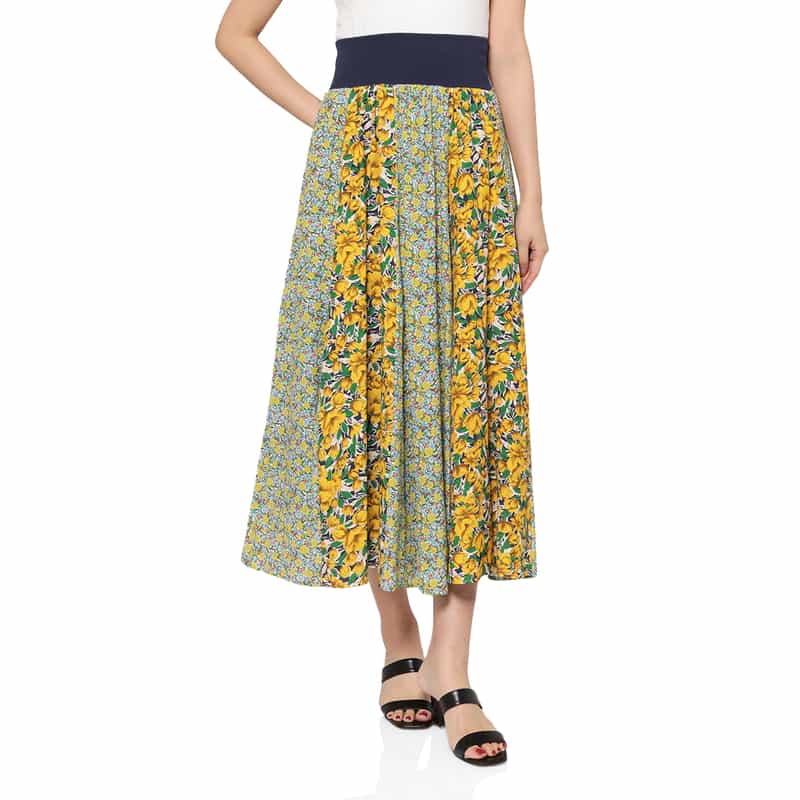 BARNEYS NEW YORK ウォッシャブル コンビネーションフラワープリントロングスカート YELLOW