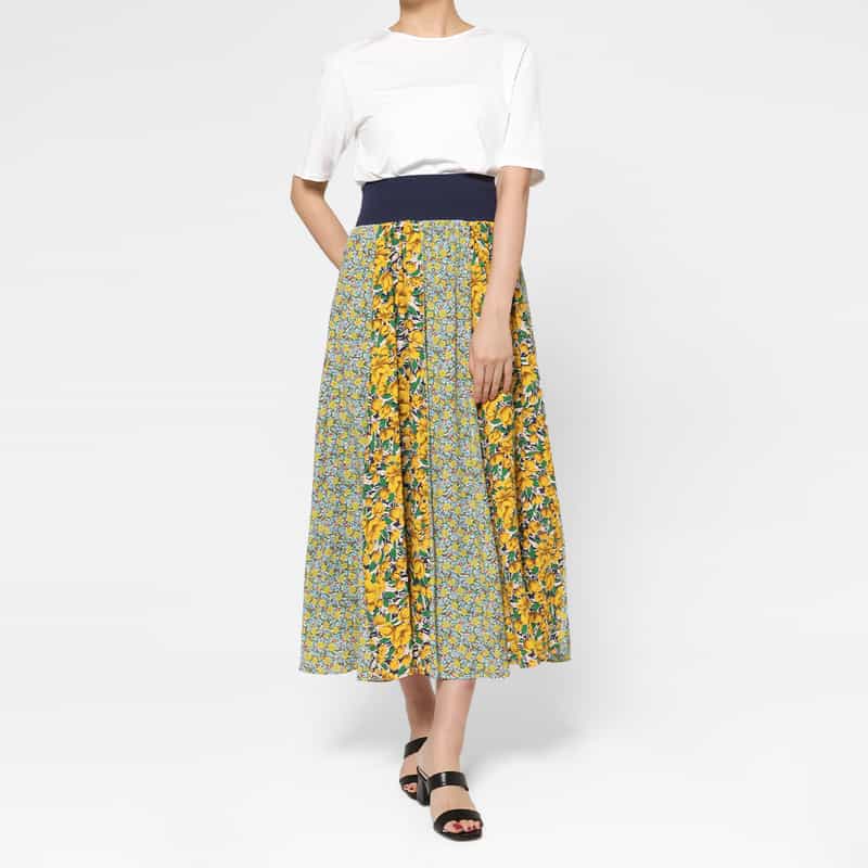 BARNEYS NEW YORK ウォッシャブル コンビネーションフラワープリントロングスカート YELLOW