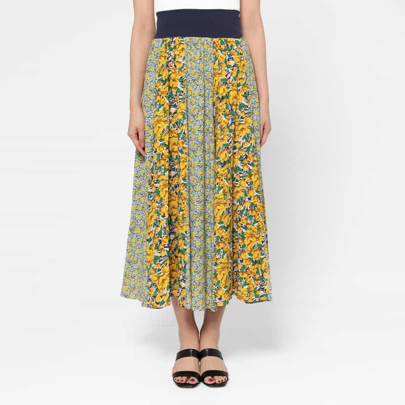 BARNEYS NEW YORK ウォッシャブル コンビネーションフラワープリントロングスカート YELLOW