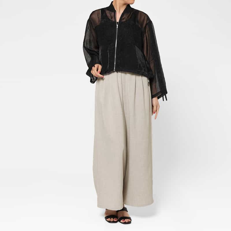 BARNEYS NEW YORK ウォッシャブル サイドタック入り ドローストリングワイドパンツ LIGHT GRAY