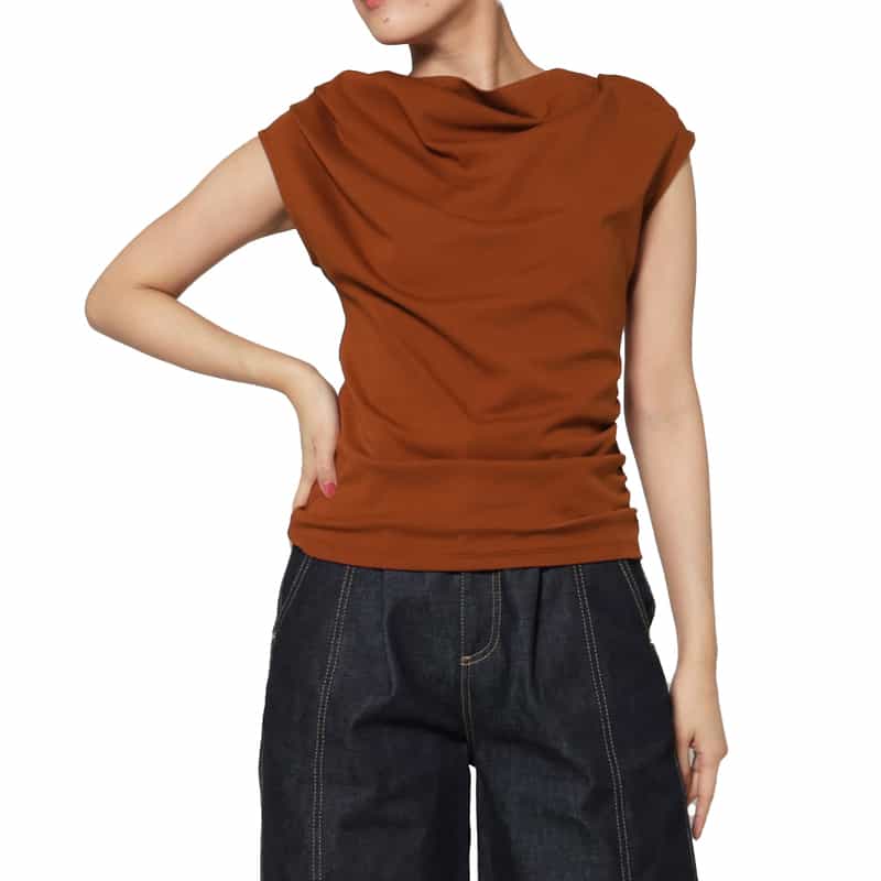 BARNEYS NEW YORK ウォッシャブル コットン ギャザーカットソー BROWN