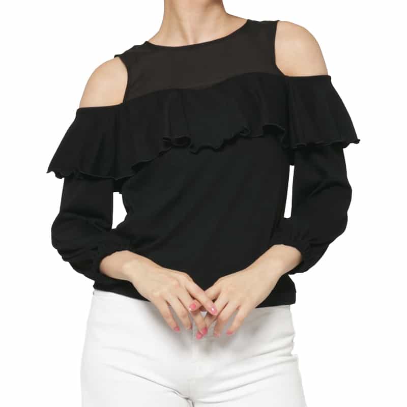 BARNEYS NEW YORK オフショルダー フリルカットソー BLACK