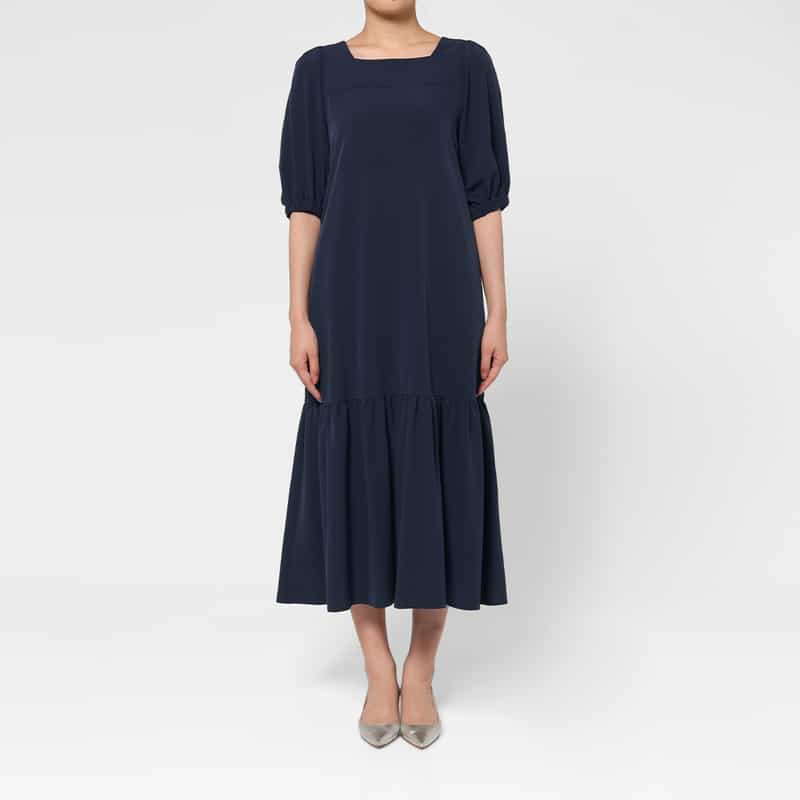 BARNEYS NEW YORK ウォッシャブル スクエアネック ティアードドレス NAVY